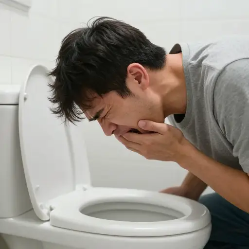 他因严重恶心而呕吐了。