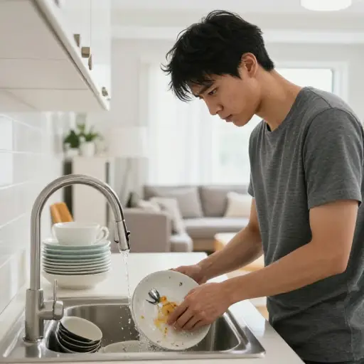 我偶尔洗碗，并打扫我们的房子。