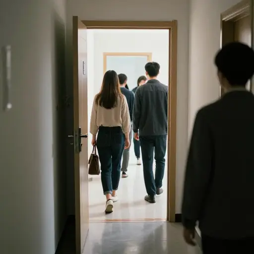 他们一个接一个地进入房间。