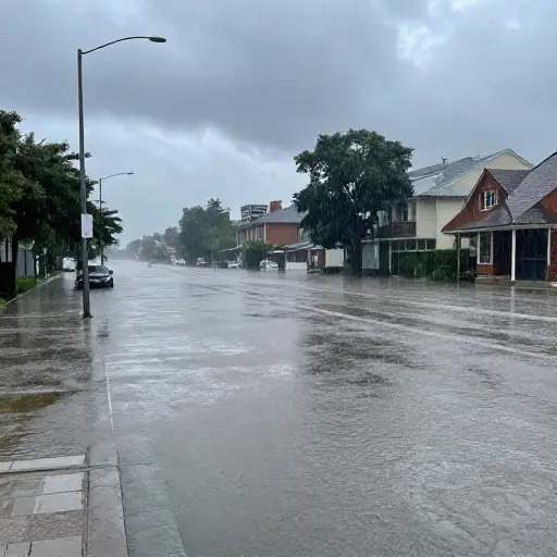暴风雨期间，倾盆大雨导致了城市严重的洪水。