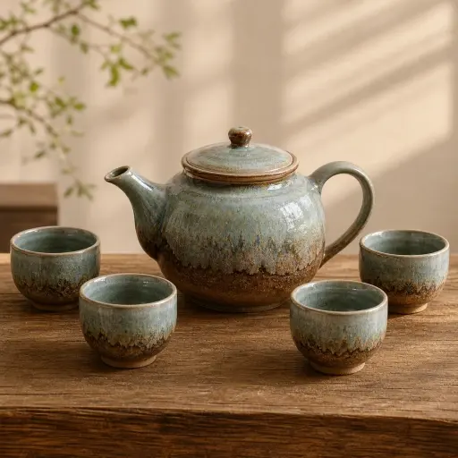 这个陶瓷茶壶很漂亮，还配了四个小茶杯。