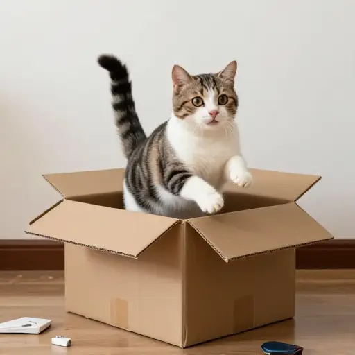 那只猫听到响声时，从箱子里跳了出来。