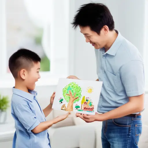 小男孩兴奋地向他的爸爸展示他画的画。