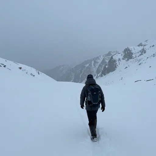那位徒步者在山区暴风雪中冻死了。