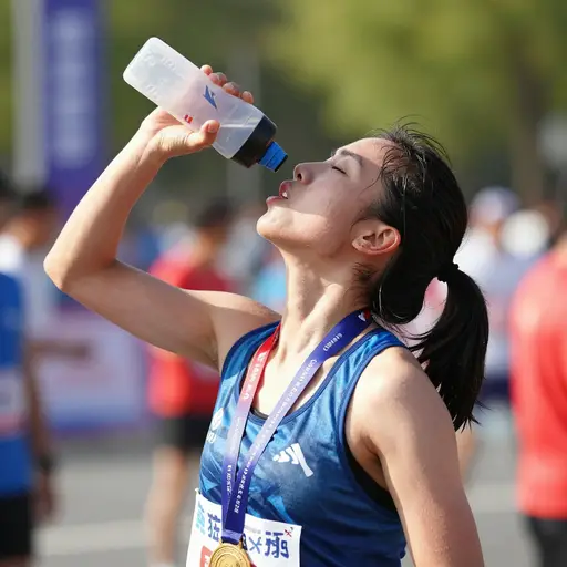 冲过终点线后，她抓起一瓶水一饮而尽。