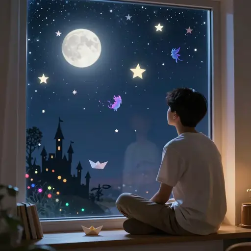 夜幕降临，他失控的想象力幻想出各种奇妙的故事。