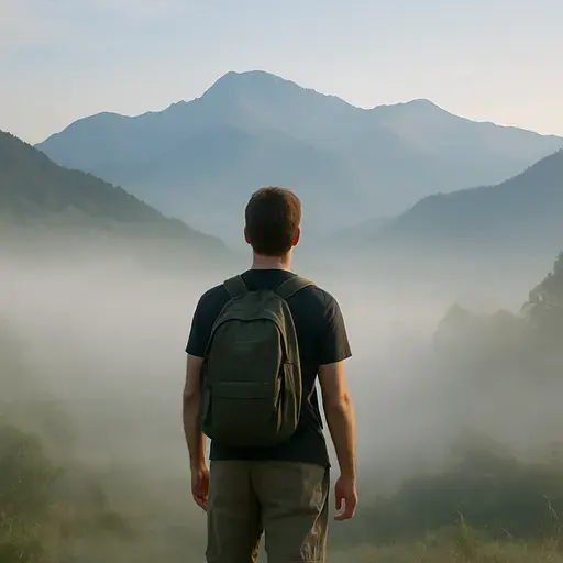当雾散去时，群山出现在远方。