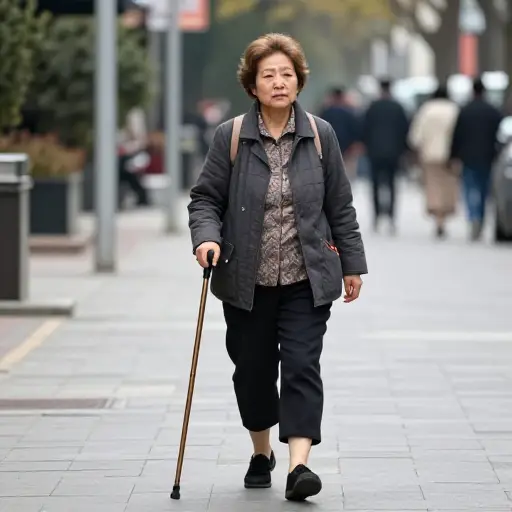 她借助手杖走路。