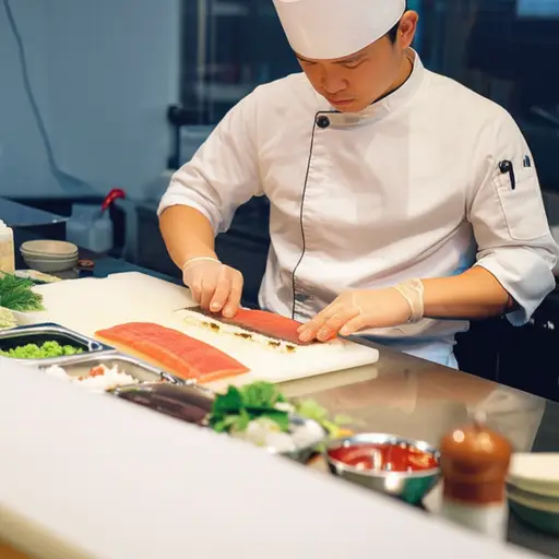 这家餐厅的寿司师傅会用新鲜的金枪鱼和醋饭制作美味寿司。