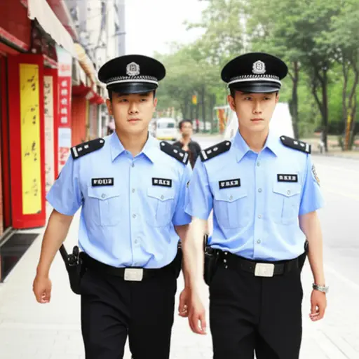 警察们在街上巡逻。