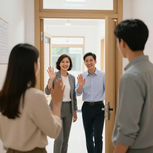 两位老师在那里迎接新来的人。