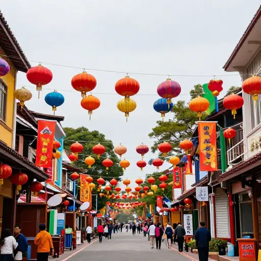 节日装饰在街上营造出色彩斑斓的景象。