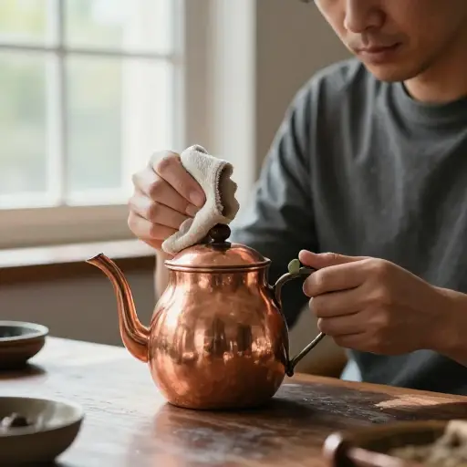 他花了一下午用绒布打磨铜壶，让它闪闪发亮。