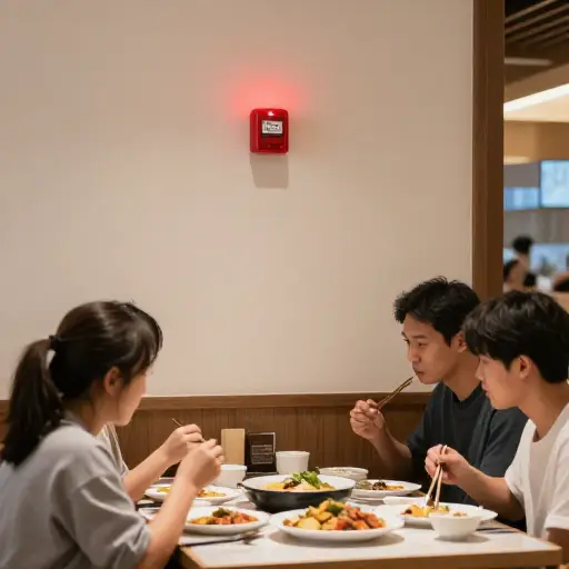 我们正在吃午饭时，火警响了。