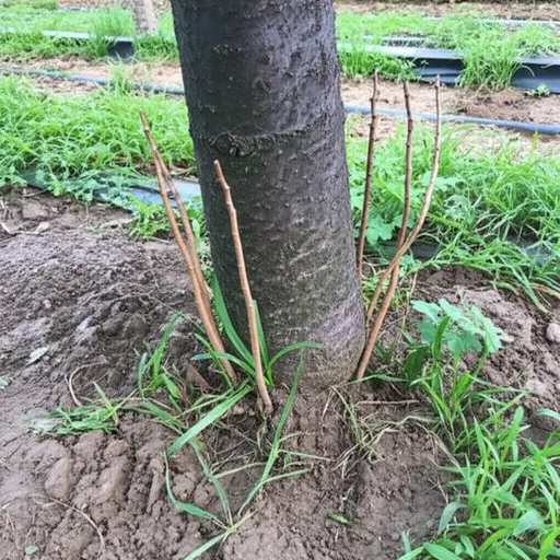 苹果树基部萌发了几根需要修剪的吸枝。