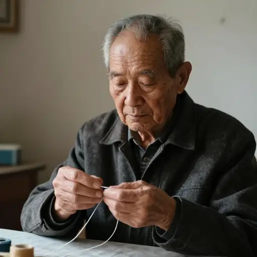 他因为手抖而难以穿针。