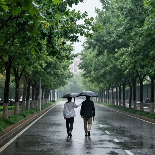 我们才走了没几步，天就开始下雨了。