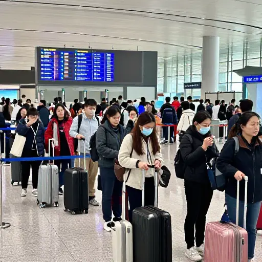 在假日出行高峰期间，机场航站楼里挤满了疲惫的旅客。