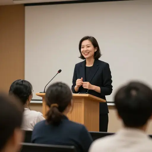 在演讲中，她显得非常自信。