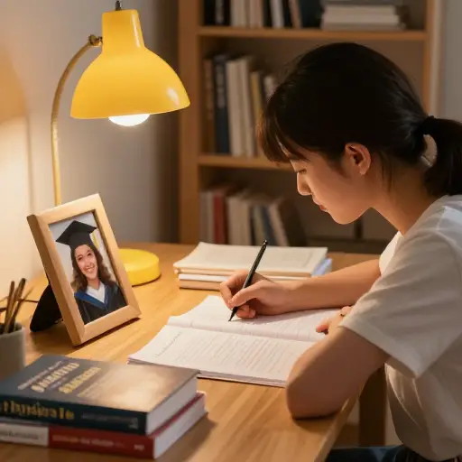 她努力学习，希望能效仿姐姐考上顶尖大学。
