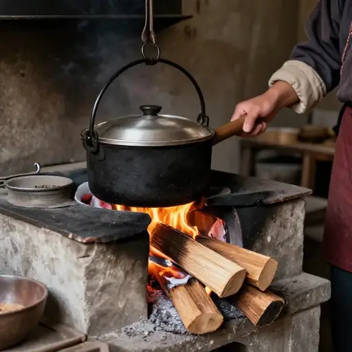 过去人们用木柴做饭。