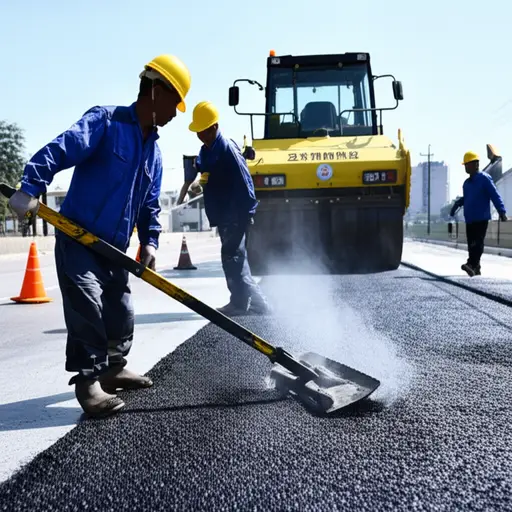 工人们在烈日下挥汗如雨地修建道路。