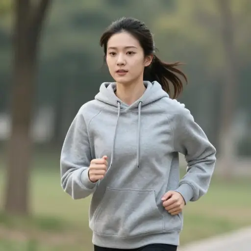 她穿着灰色连帽衫去晨跑。