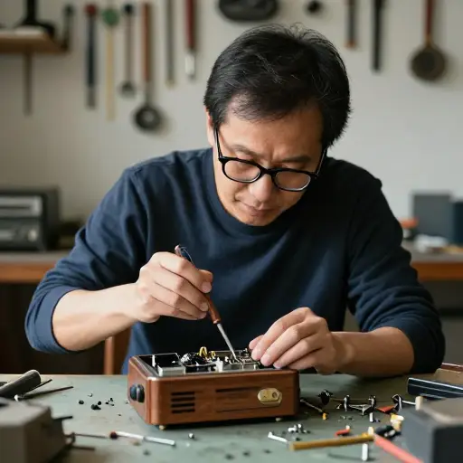 他小心地把旧收音机拆开，清理里面的零件。