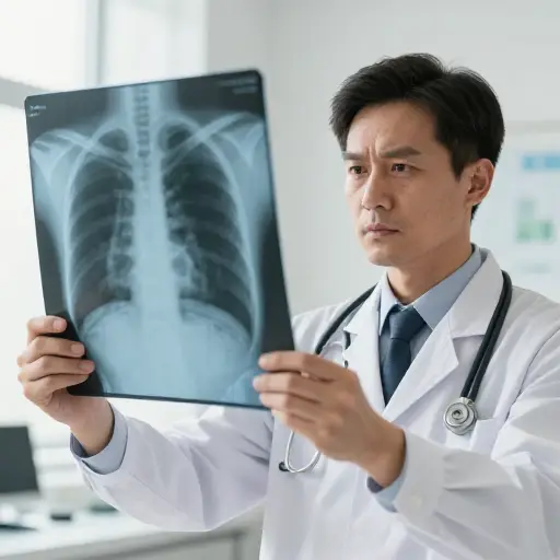 医生通过X光检查发现他肺部有一个肿瘤。