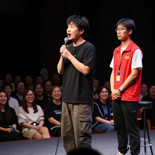 喜剧演员在表演中让那个志愿者出丑。