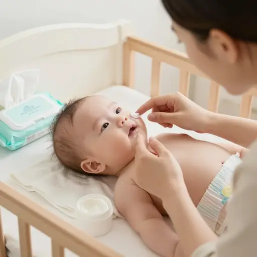 她给婴儿涂上润肤霜来缓解脸颊上的皮疹。