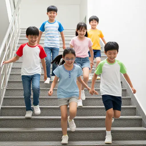 孩子们在楼梯上跑来跑去。
