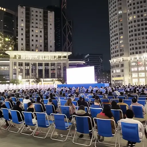 周末我们经常去市中心的广场看电影。