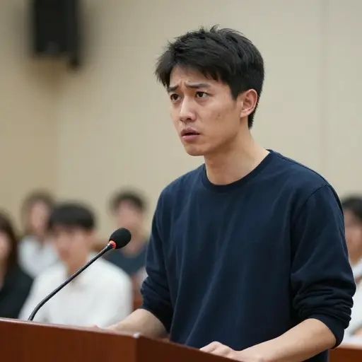 当他站起来发言时，他的声音在颤抖。