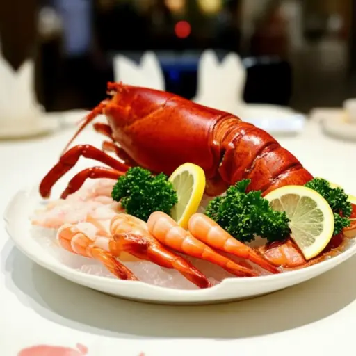 这家餐厅的海鲜拼盘里有龙虾、虾和扇贝。