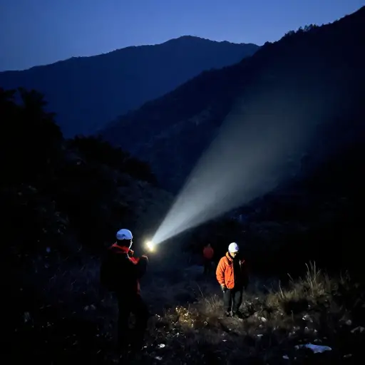 救援队将聚光灯对准了山区中受困的徒步旅行者。
