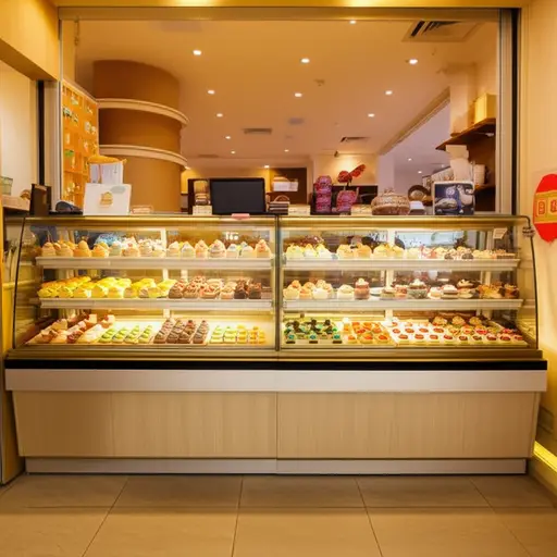 店门口摆放着诱人的甜点样品，吸引顾客进店。