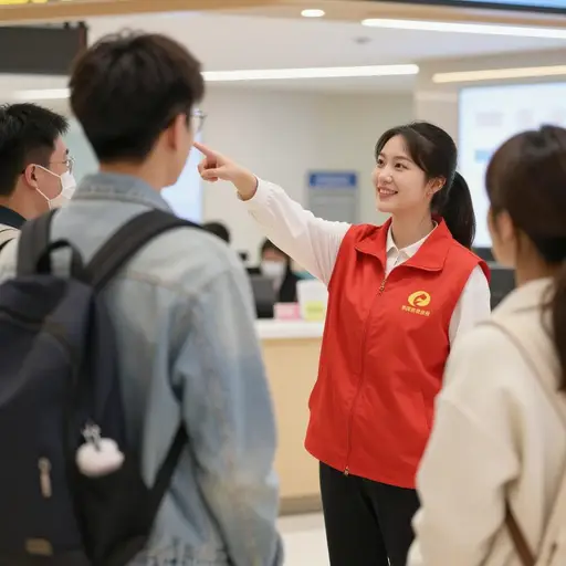 一名志愿者将迷路的游客带到了问讯处。