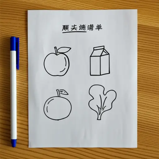 购物清单上有水果、蔬菜、牛奶等等。