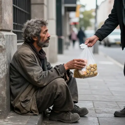 我们同情那个无家可归的人，给了他一些食物。