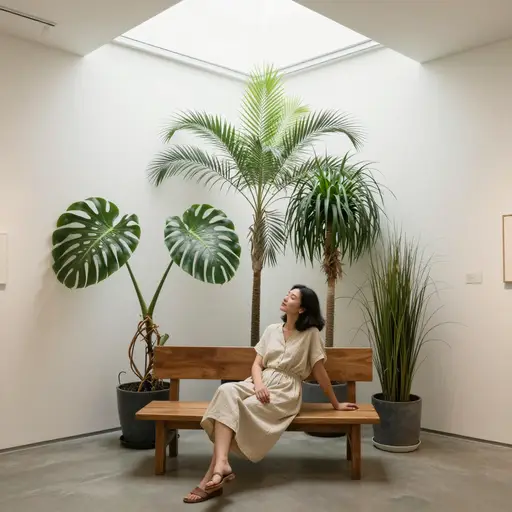 在画廊逛了几个小时后，她决定在室内花园旁的一张安静长椅上休息一会儿。