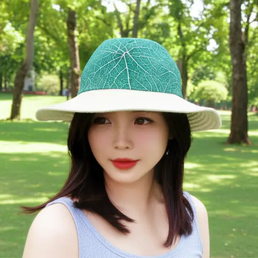她戴着一顶印有环保组织标志的帽子。