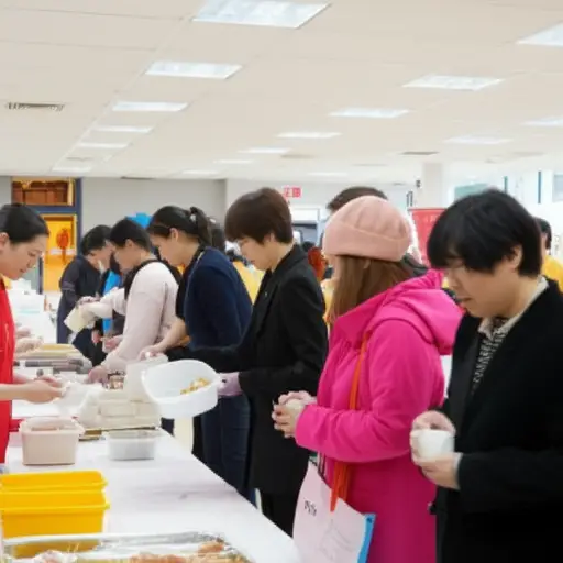 志愿者们在社区中心分发食物给有需要的人。