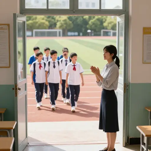 老师拍了拍手，让学生们分散到操场上。