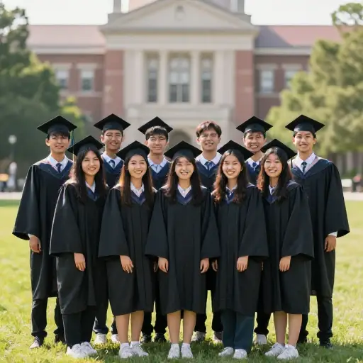 每位学生都穿着学位服、戴着学位帽。