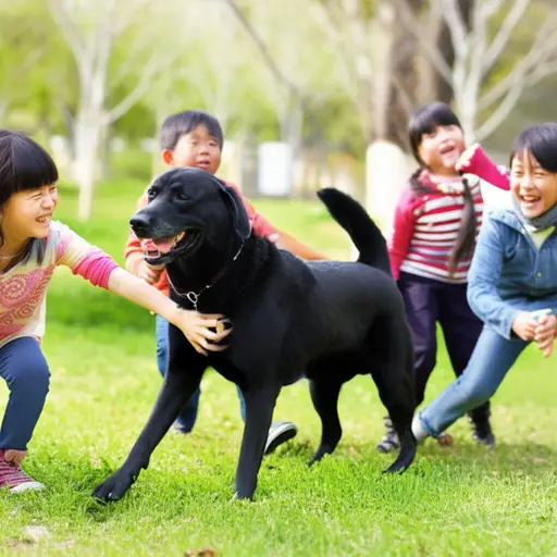 他们的黑色拉布拉多犬非常友善，喜欢和孩子们玩耍。